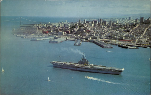 San Francisco and Bay California ~ Navy Aircraft Carrier ~ aerial view postcard