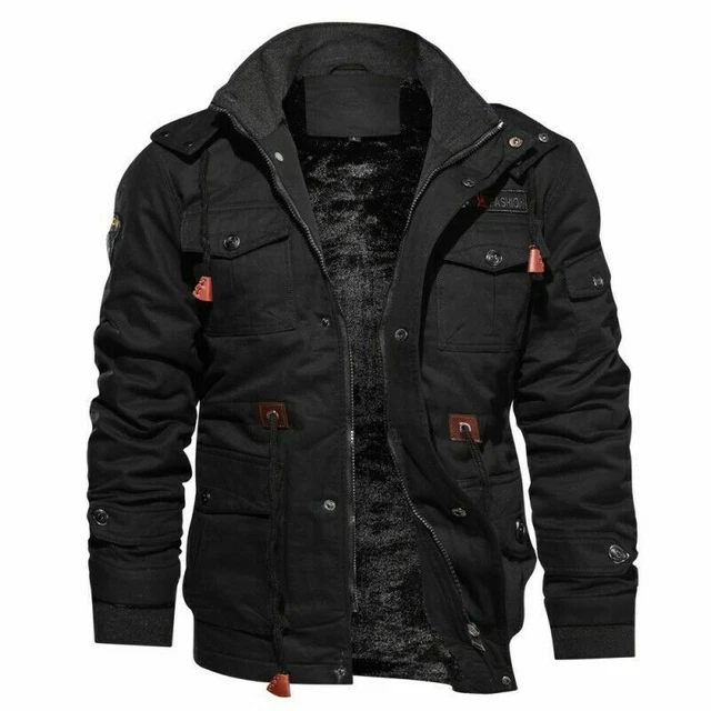 Fashion Mens Winter Fleece Lined Warm Hooded Multi Pockets Casual Cotton Jacket