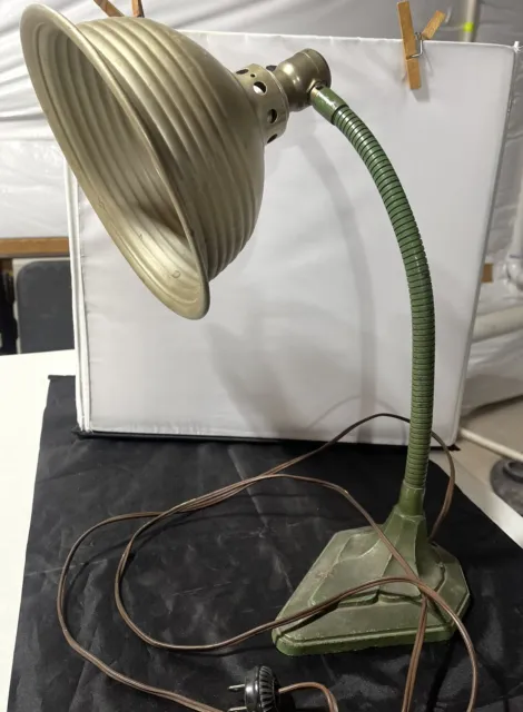 VINTAGE DESK Lamp ~ Cast Iron Base Industrial Art Deco ~ Gooseneck ~ Grey Green