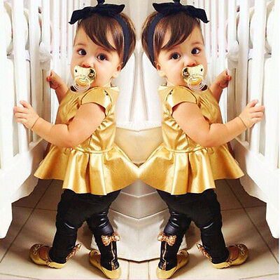 Cute Kids Suit Shiny Baby Girls Toddler Shirt Dress + Legging Pants Set Outfits