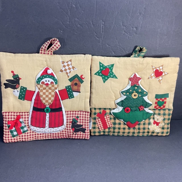 set 2 Christmas pot holders applique Santa tree or wall hanging quilts primitive