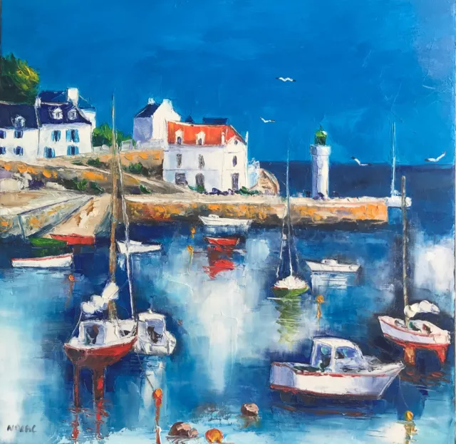Grande toile de Nolac 50X50 cm tableau peinture couteau port de Sauzon Belle Ile