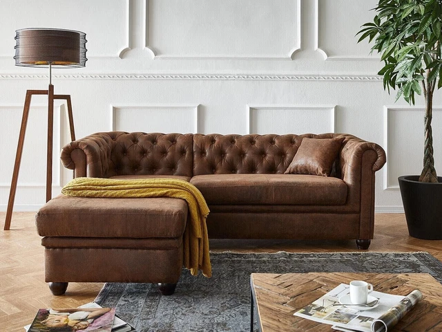 RESTORED ANTIQUE Vintage Chesterfield Brown Ottoman Right Sofa Pure Buffalos