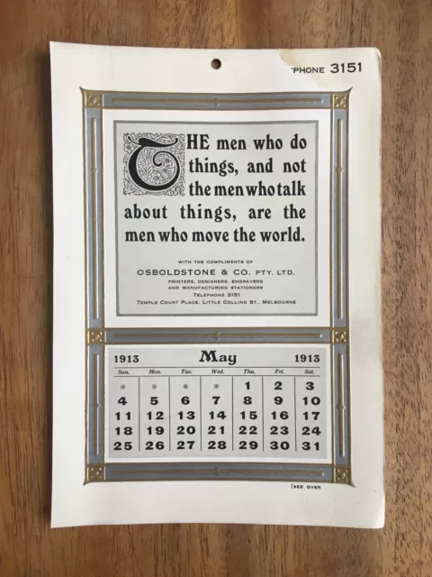 Antique May 1913 Calendar By Osboldstone & Co Melbourne Printer Art Nouveau