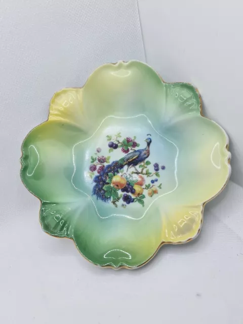 Peacock Plate Dish Vintage Victoria China Czechoslovakia Green Blue 14cm Bowl 2