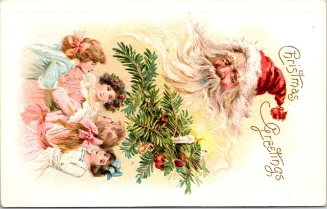 SANTA, Holly & Children CHRISTMAS Greetings Postcard - A.S. Meeker Series 586