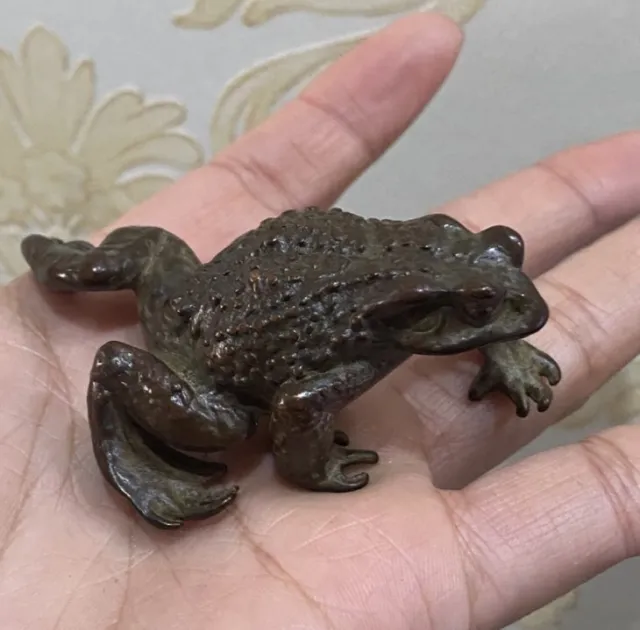 old bronze hand casting fortune frog statue netsuke jin chan tea pet tray deco