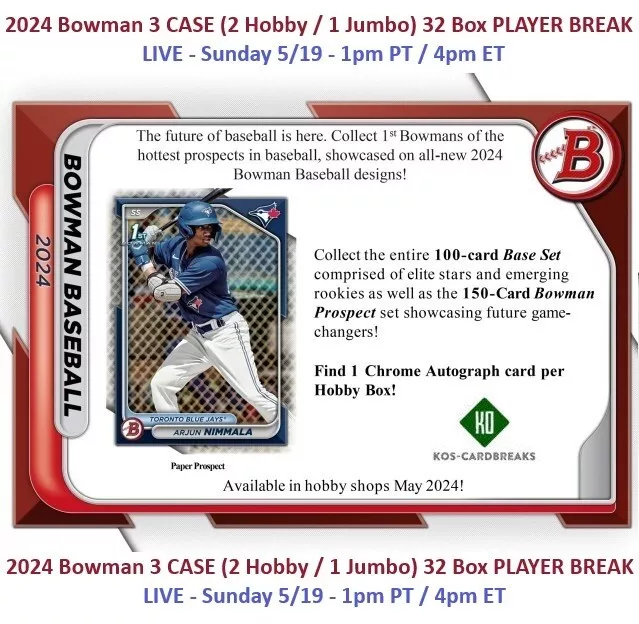 PETE ROSE CIN 2024 Bowman 3 CASE (2 Hobby/1 Jumbo) 32 Box BREAK 7 2.