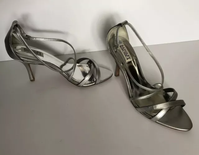 BADGLEY MISCHKA Metallic Silver Strappy High Heel Stiletto Sandals Women’s 9.5