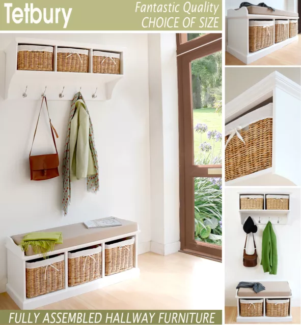 TETBURY WHITE STORAGE Bench with cushion Hallway hanging shelf