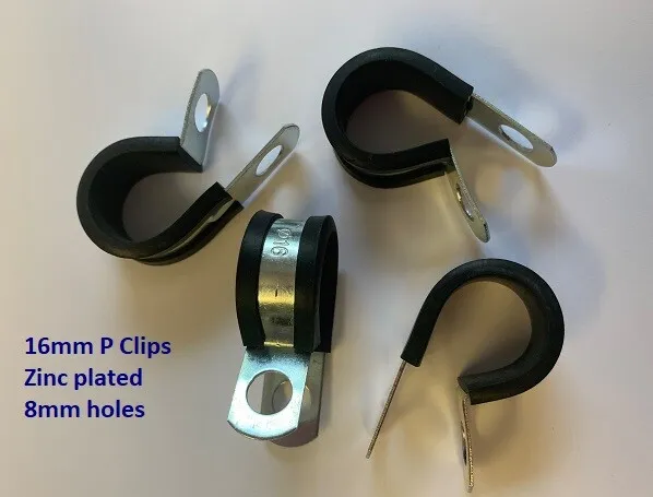 16mm RUBBER LINED P CLIPS 8mm holes ZINC PLATED Choose pack size (O-STK)