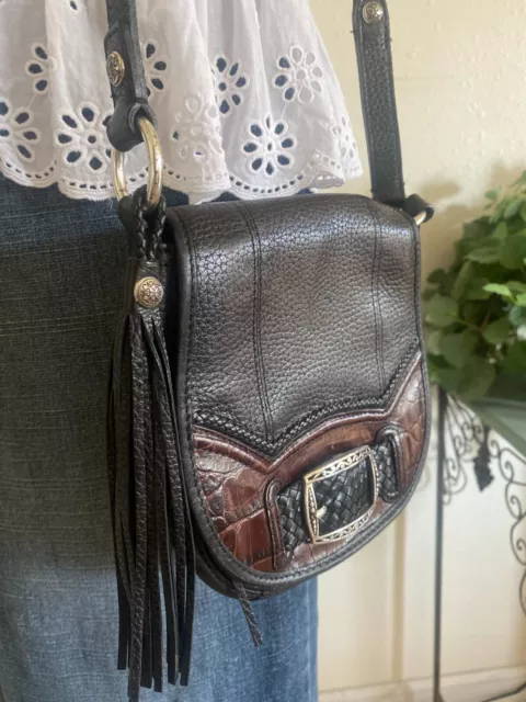 Vtg Brighton Black/Brown Croco Tassel Flap Crossbody Organizer Bag