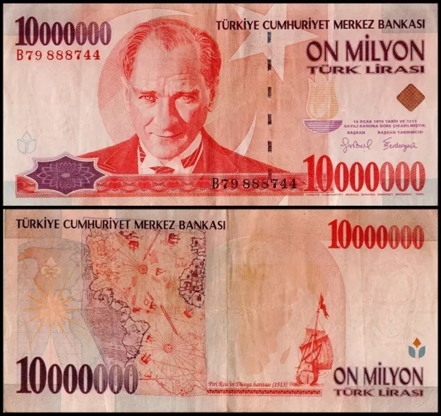 Turkey 10 Million Lira Banknote, L.1970 (1999),  Used. USA SELLER