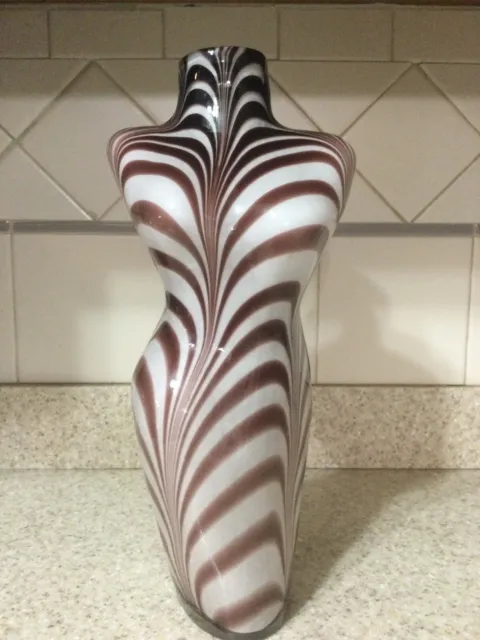 Vintage Murano Style Art Glass White Vase  Brown Zebra Stripes Ladies Torso