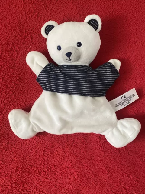 🇫🇷 Doudou Plat Marionnette Kiabi Simba Ours Blanc Bleu Marine Raye État Neuf