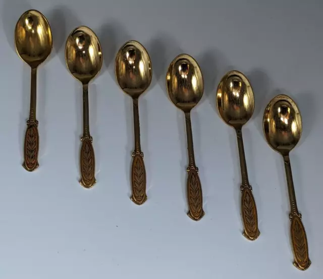 Vintage Set of (6) Meka Denmark Gold Tone Enameled Demitasse Spoons