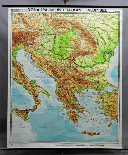 VINTAGE MURAL MAP Of Danube Region Balkan Peninsula Rollable Wall Chart 