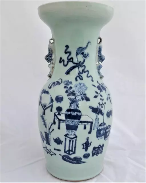 Chinese Porcelain Celadon Ground Vase Blue & White Precious Things Lion Dogs 42c