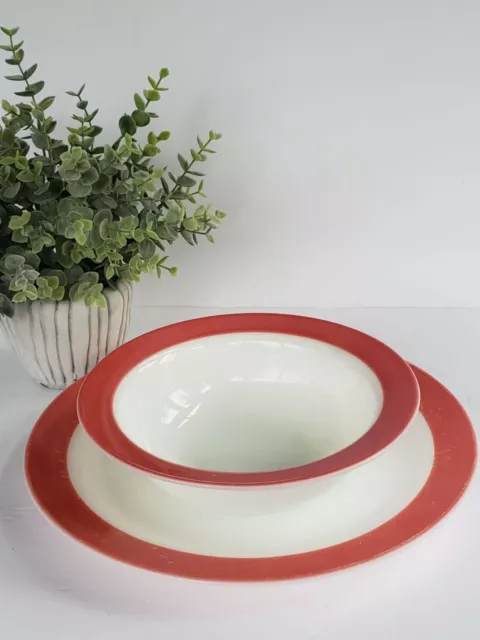 Vintage Pyrex Red Rim Dinnerware Serving Bowl Dish and Platter White Milk Glass