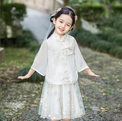 New Chinese Style Girls Lace Tops+dress Outfits Sets Kids Child Tang suit Hanfu