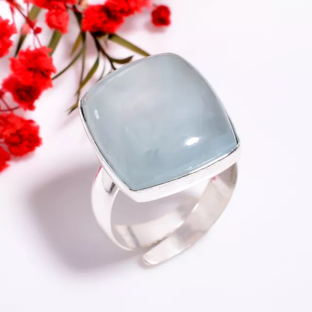 Aquamarine Gemstone Ethnic Handmade 925 Silver Plated Ring Adjustable GSR-8763