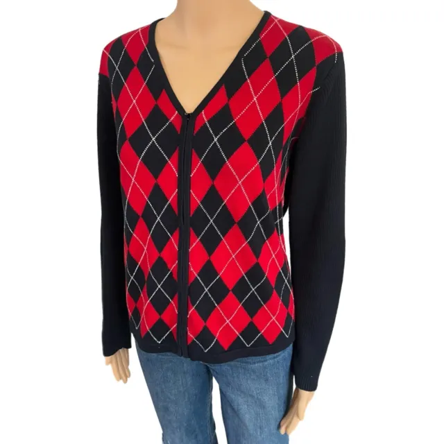 Pendleton Argyle Cardigan Womens S Black & Red Cotton Knit Full Zip Sweater