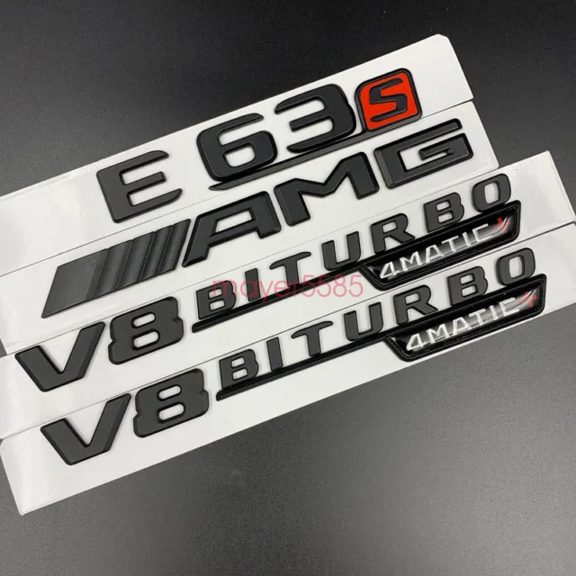 Glossy Black Mercedes Benz E63s AMG V8 BITURBO 4 MATIC Emblem Badge Sticker Set