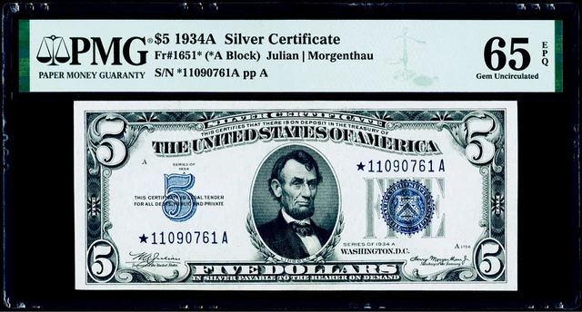 $5 1934A Silver Certificate * Star Fr#1651* PMG 65 EPQ Gem Uncirculated 3