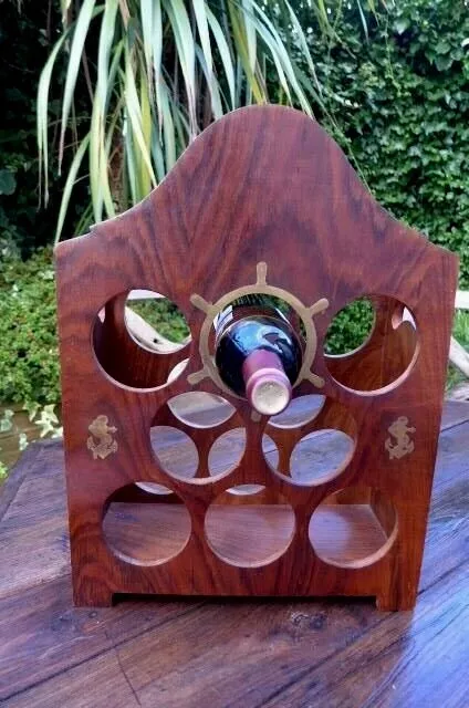 Vintage wooden wine bottle holder rack space for 8 bottles brass marine design