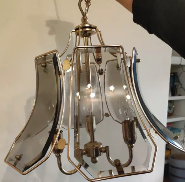 Unusual Glass Pendant Mid Century Light Candelabra Paneled Beveled Smoked Style