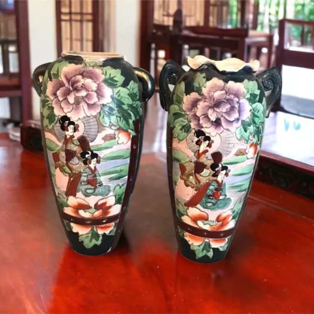 TWO 15" Vintage Antique Japanese Satsuma Floral Geisha Vases Japan Trademark