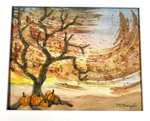 Watercolor Painting Pumpkin Autumn Tree Fall Scene Folk Art 11x14” Matted Signed