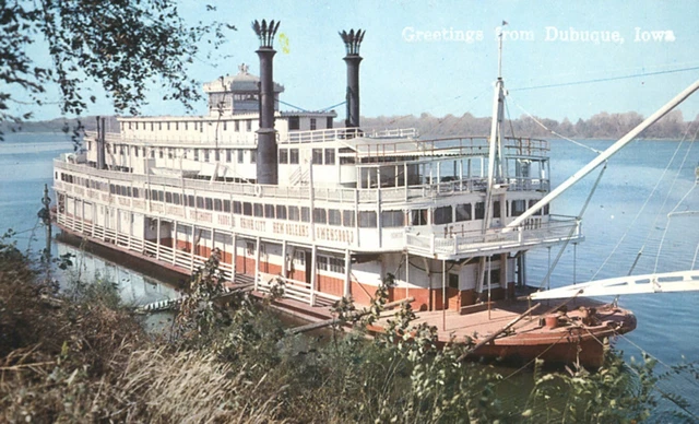 Greetings from Dubuque Iowa Steam-Wheeler Boat Mississippi River Postcard