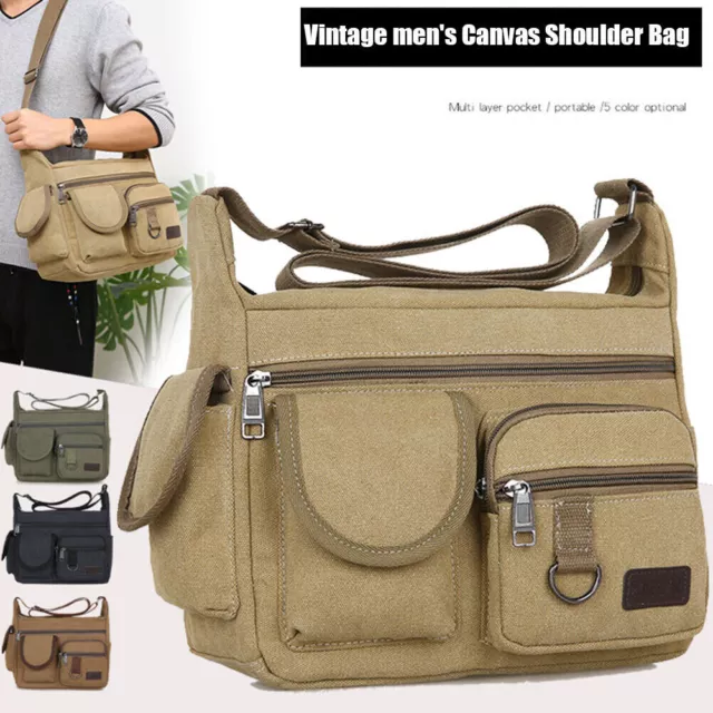 Mens Canvas Bag Cross Body Shoulder Haversack Vintage Satchel Handbag Book Bag