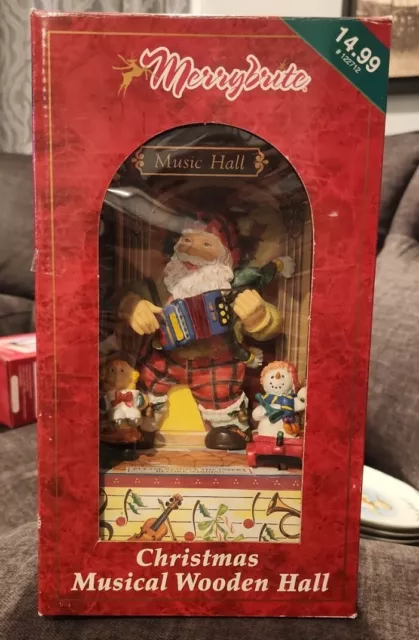 Christmas Wooden Hall Santa Decoration Musical Wind-up Action Happy Music Hall