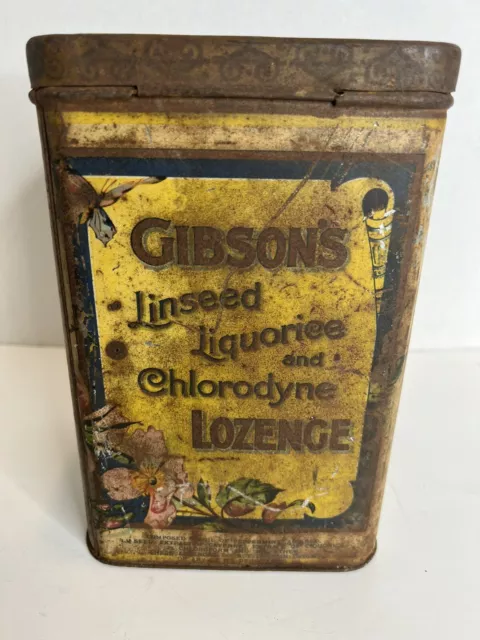 Medicine Advertising Tin GIBSONS COUGH LOZENGES Litho Rare Antique 5lb Ether