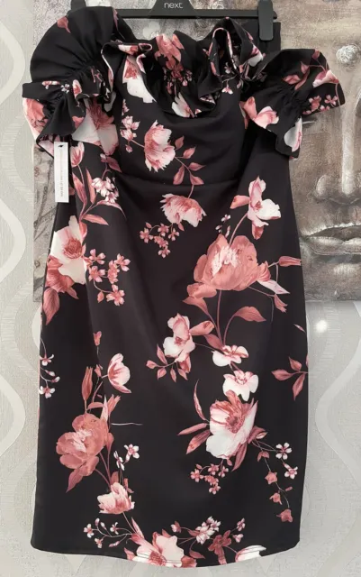LIPSY Black Floral Ruffle Bardot Bodycon Dress BNWT Plus Size 20 RRP £68