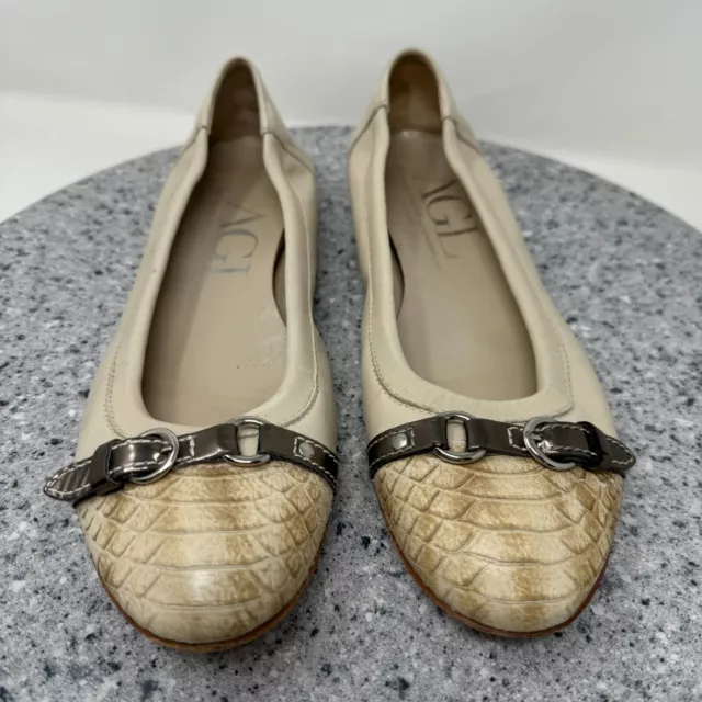 AGL Womens Shoes 9.5 Monika Ballet Flats Ivory Cream Snake Print Cap Toe 39.5