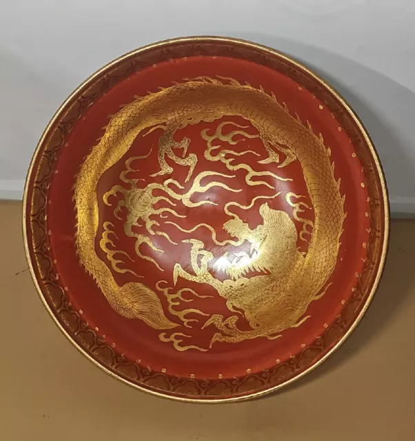 ANTIQUE JAPANESE PORCELAIN BOWL Phoenix Dragon RED GOLD BLACK MEIJI PERIOD JAPAN