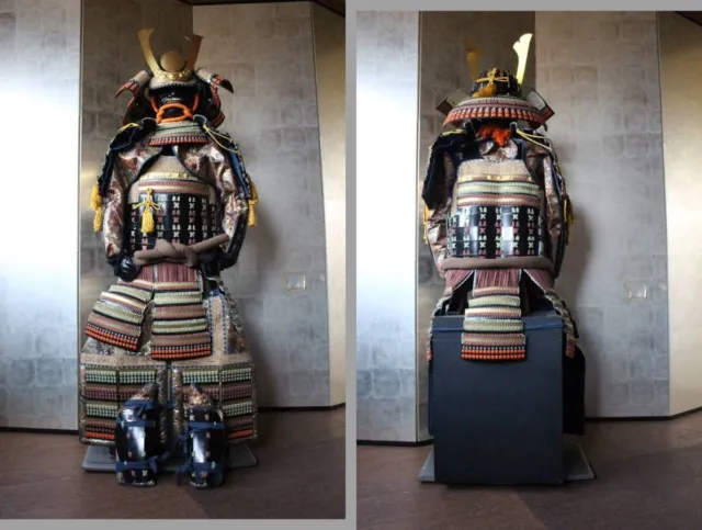 Japanese vintage samurai armor busho yoroi kabuto with wooden box stand japan