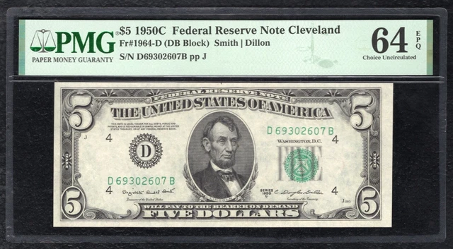 Fr. 1964-D 1950-C $5 Frn Federal Reserve Note Cleveland, Oh Pmg Unc-64Epq