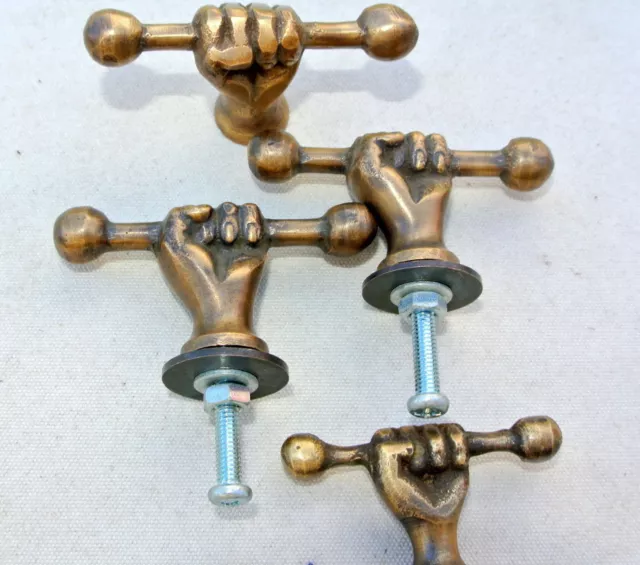 4 small pulls handles FIST solid brass old style shape HAND knobs heavy 45mm B