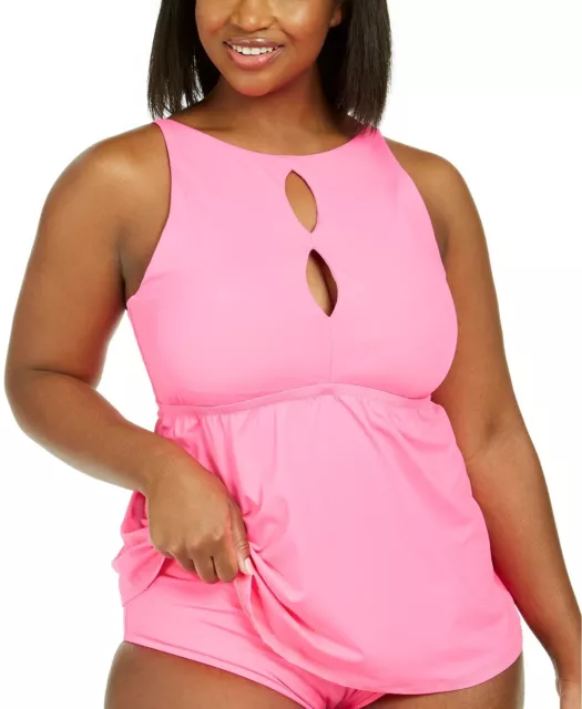 Becca Etc PINK PUNCH Trendy Plus Size Color Code Cutout Tankini Swim Top, US 1X