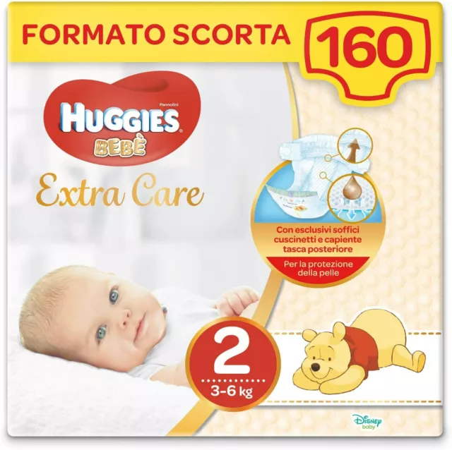 160 x Pannolini di taglia 2 (3 -6 kg) Huggies extra care bebè, Protezione pelle