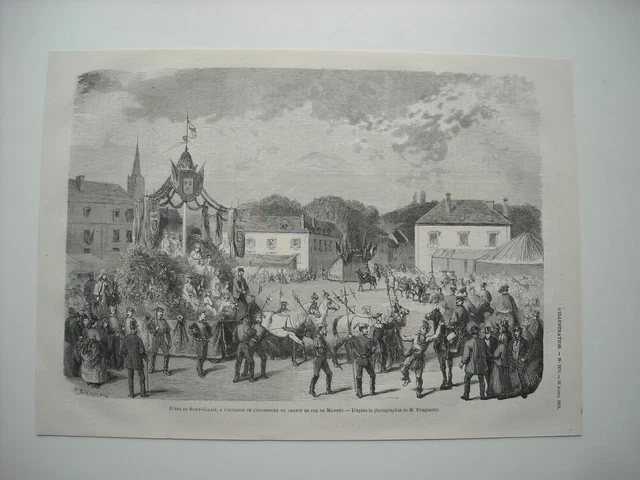 Gravure 1873. Fetes De Saint-Calais. Pour Ouverture Du Chemin De Fer De Mamers.