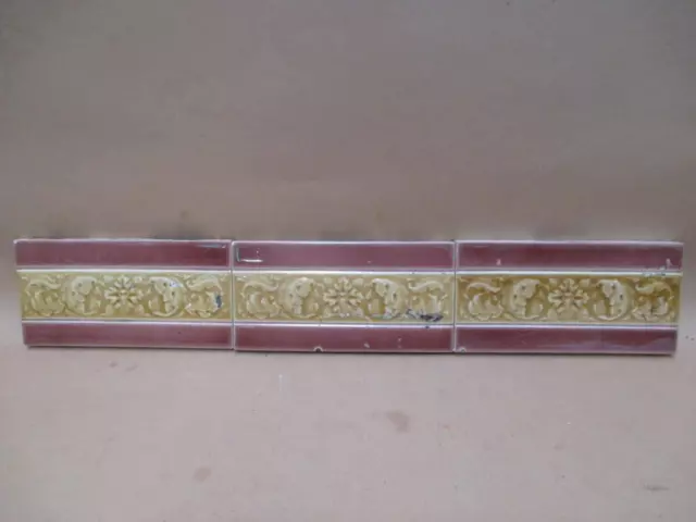 Tiles x3, Majolica, Art Nouveau, Art Deco, border tile, antique, vintage