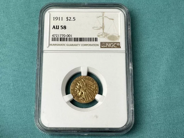 1911 US 2 1/2 Dollar Gold Quarter Eagle $2.50 Indian AU58 NGC High Grade