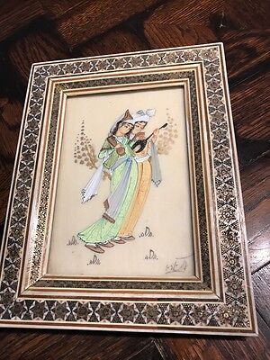Vintage antique Persian Miniature PAINTING couple playing guitar musical instrum