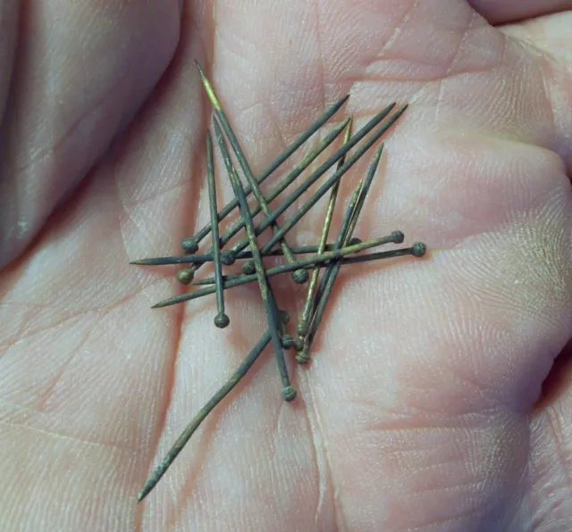 15 Small Hand Made Brass Pins 16th/17th Century, Wrapped Heads