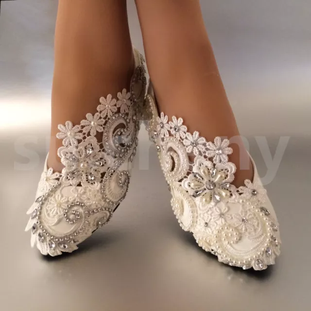 su.cheny White ivory pearls rhinestones lace flat Wedding shoes Bridal size 5-13
